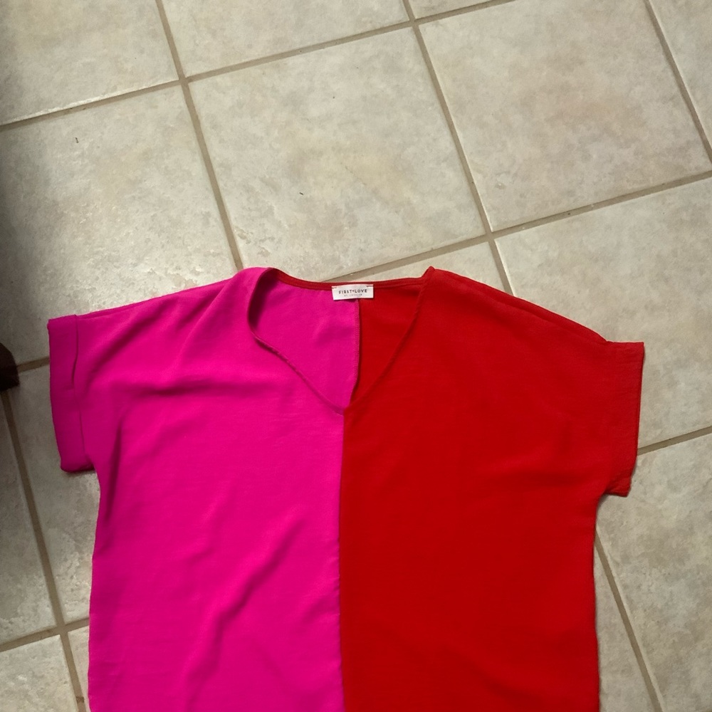 Pink and red color block blouse